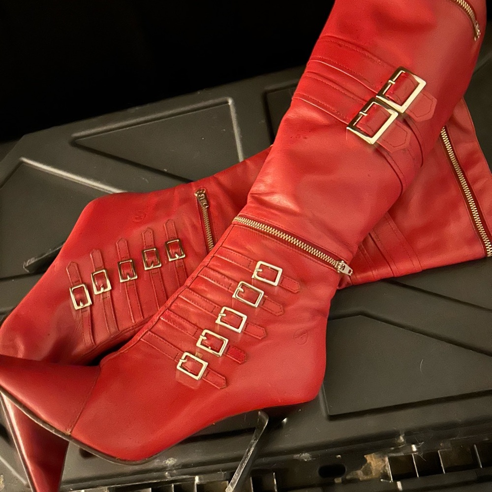 Bronx and Banco Red Heeled Boots with Buckles